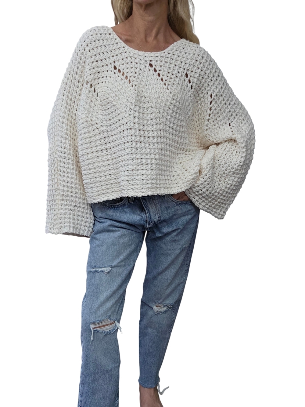 POL Crochet Sweater Cream Open Knit Cropped Bell Sleeve Boho Coastal M - Picture 4 of 9